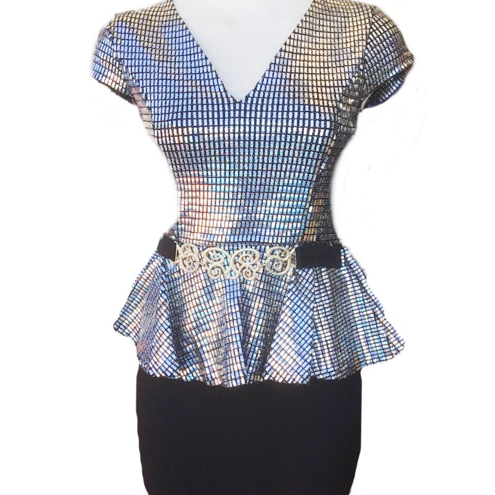 Sequined Flared Short Dress Short Sleeve Peplum Skirt Stretchy Blk S